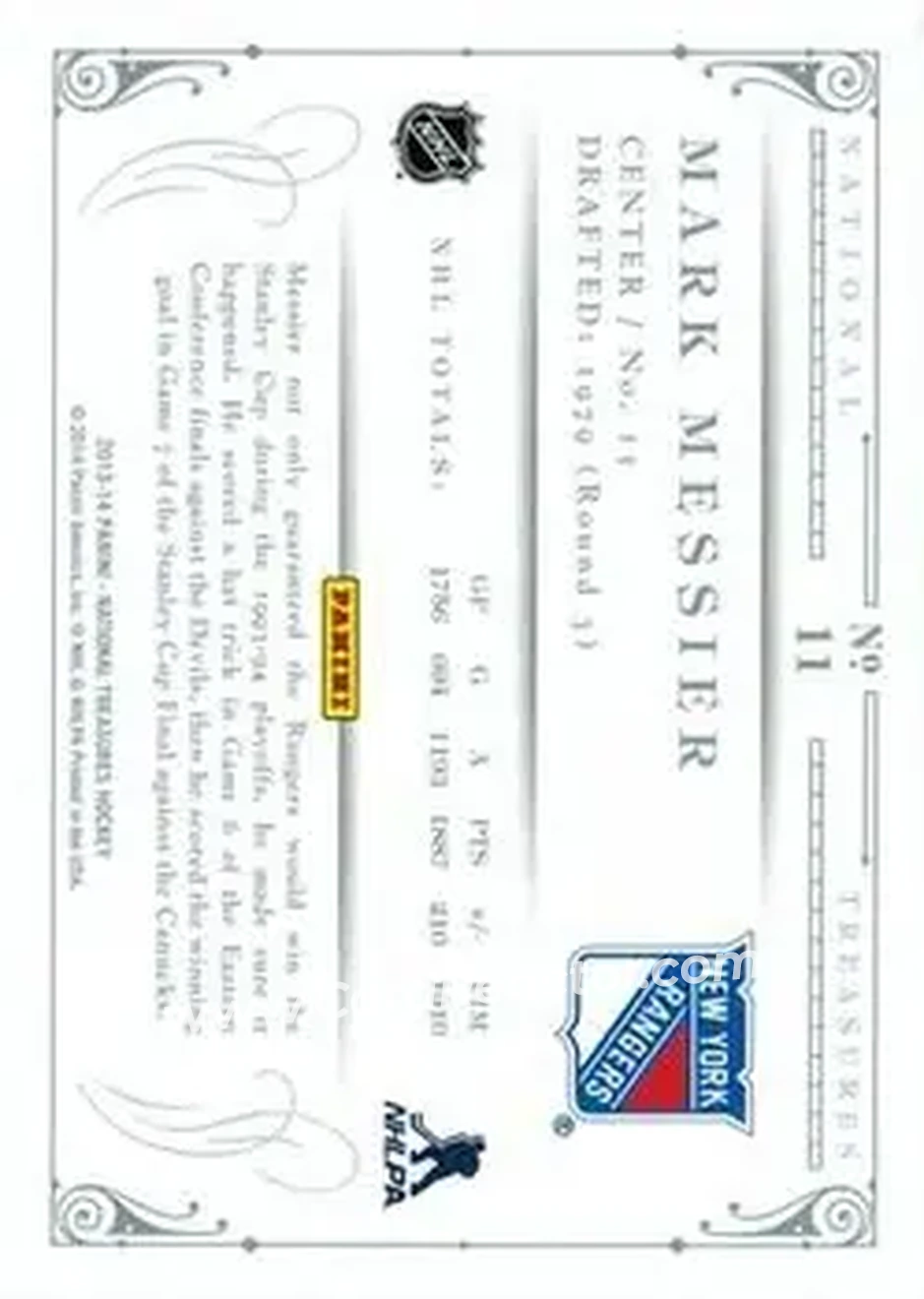 2013-14 Panini National Treasures #11 - Mark Messier - New York Rangers - Back 2013-14 Panini National Treasures #11 - Mark Messier - New York Rangers - Back