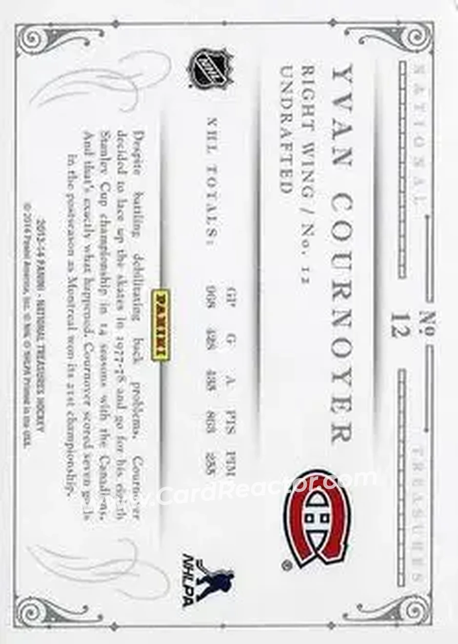 2013-14 Panini National Treasures #12 - Yvan Cournoyer - Montreal Canadiens - Back 2013-14 Panini National Treasures #12 - Yvan Cournoyer - Montreal Canadiens - Back