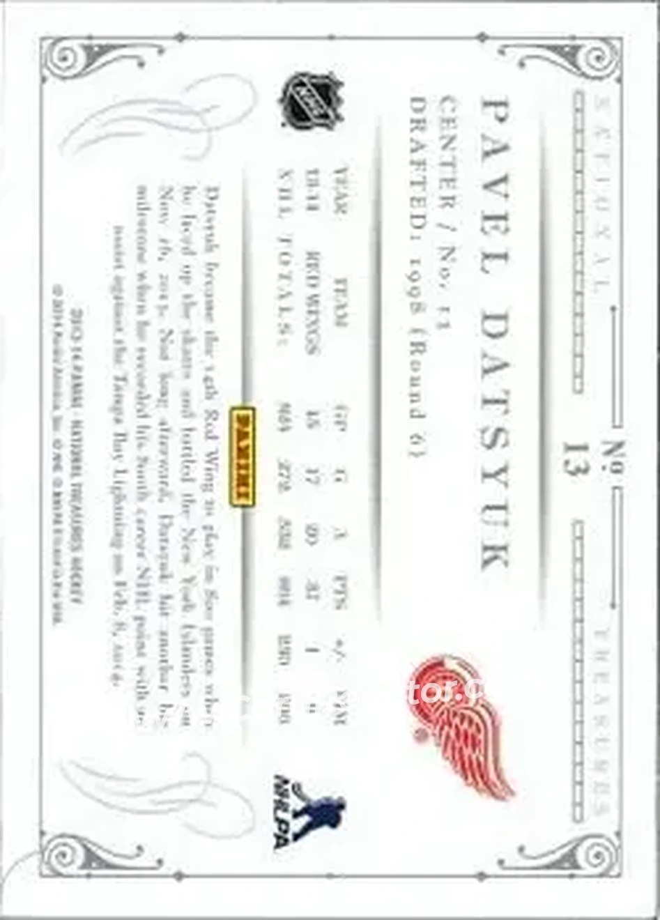 2013-14 Panini National Treasures #13 - Pavel Datsyuk - Detroit Red Wings - Back