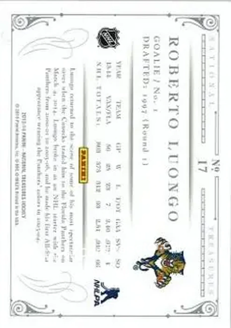 2013-14 Panini National Treasures #17 - Roberto Luongo - Florida Panthers - Back