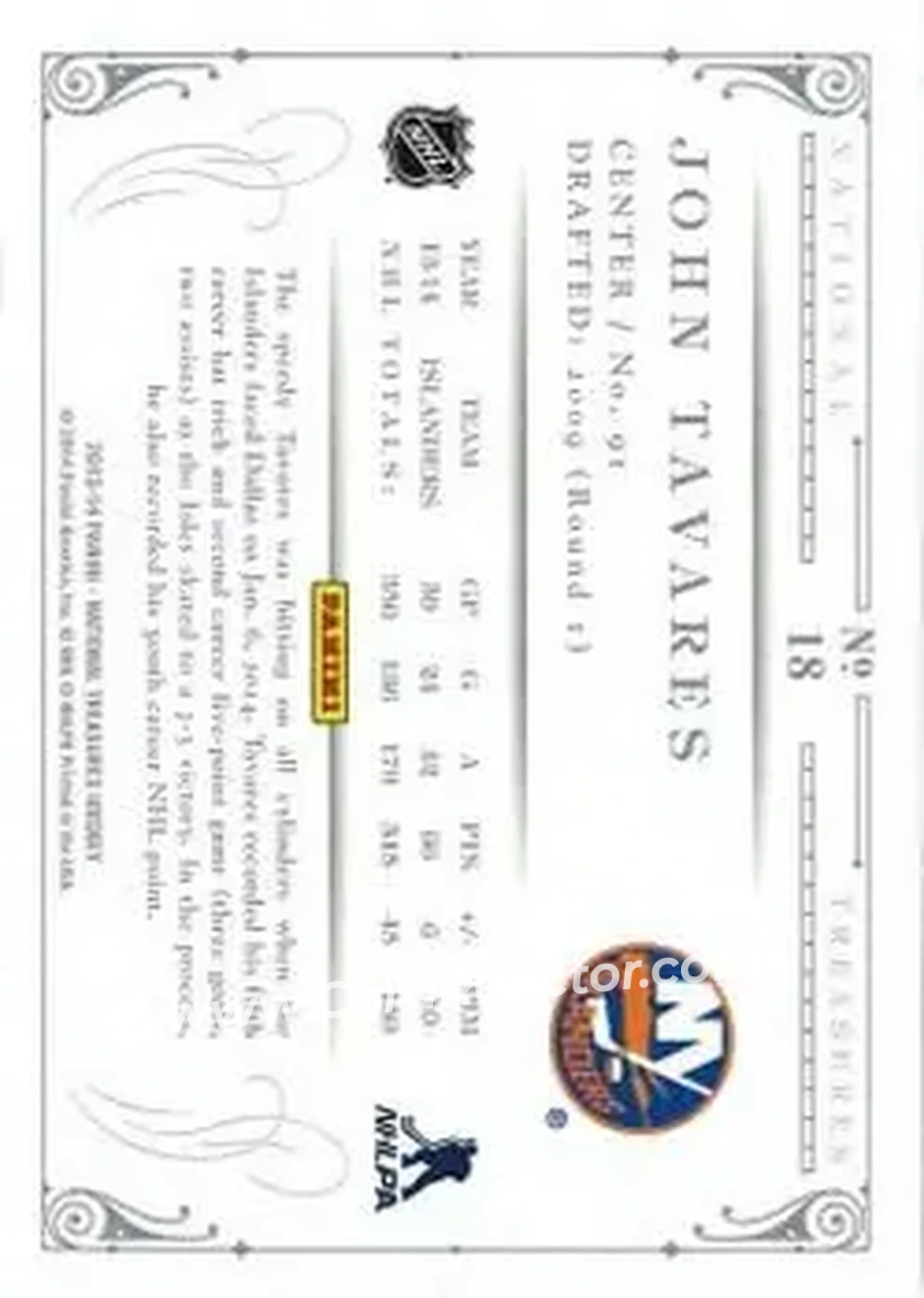 2013-14 Panini National Treasures #18 - John Tavares - New York Islanders - Back