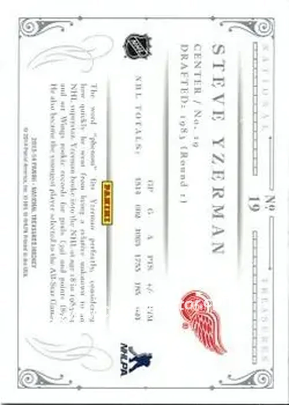 2013-14 Panini National Treasures #19 - Steve Yzerman - Detroit Red Wings - Back 2013-14 Panini National Treasures #19 - Steve Yzerman - Detroit Red Wings - Back