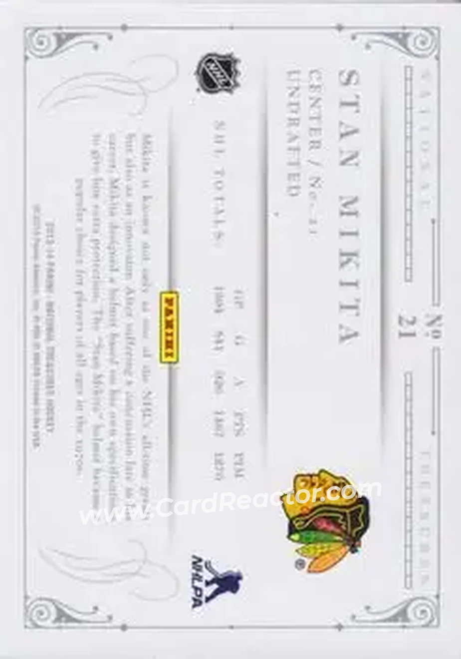 2013-14 Panini National Treasures #21 - Stan Mikita - Chicago Blackhawks - Back 2013-14 Panini National Treasures #21 - Stan Mikita - Chicago Blackhawks - Back