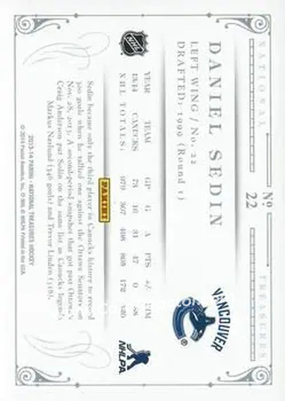 2013-14 Panini National Treasures #22 - Daniel Sedin - Vancouver Canucks - Back