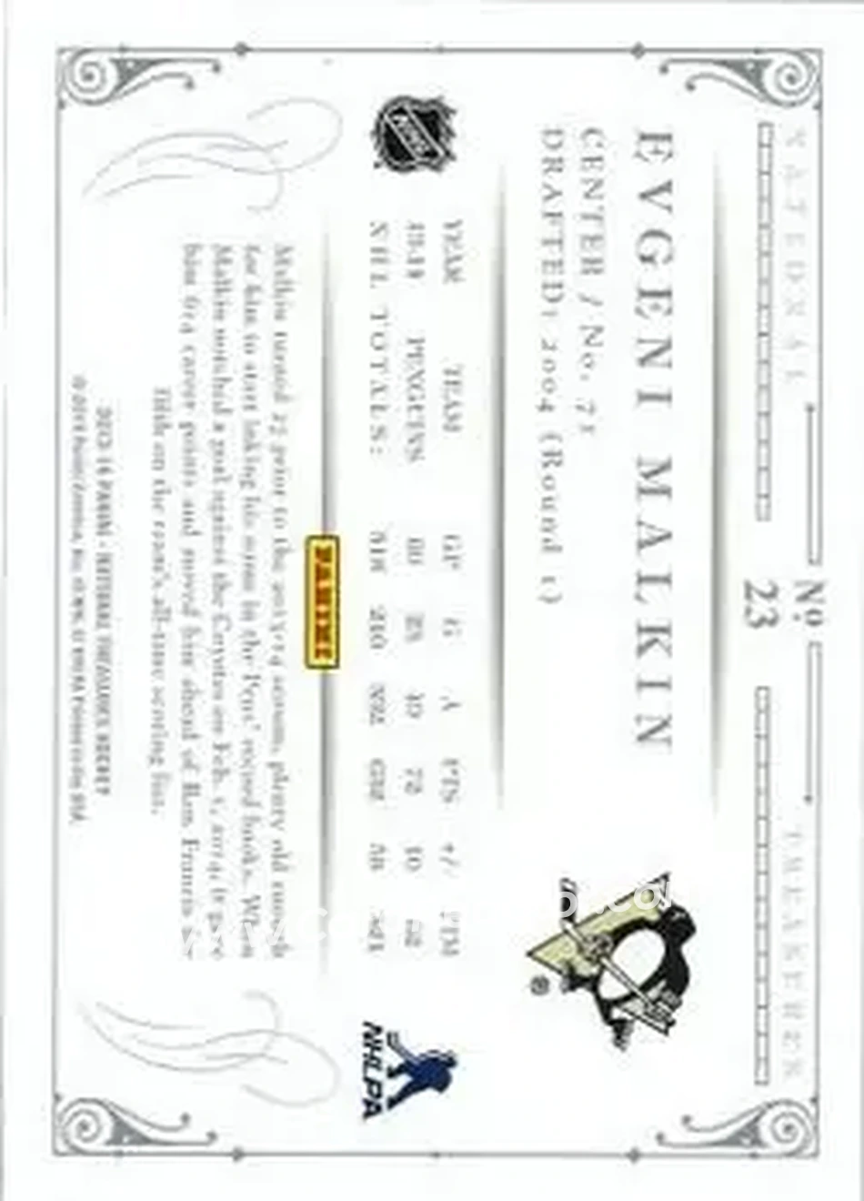 2013-14 Panini National Treasures #23 - Evgeni Malkin - Pittsburgh Penguins - Back