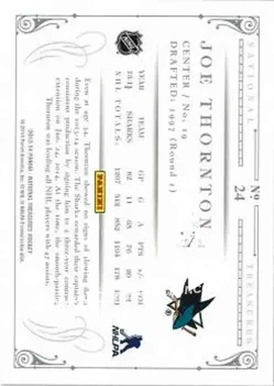 2013-14 Panini National Treasures #24 - Joe Thornton - San Jose Sharks - Back