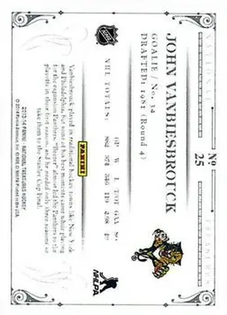 2013-14 Panini National Treasures #25 - John Vanbiesbrouck - Florida Panthers - Back