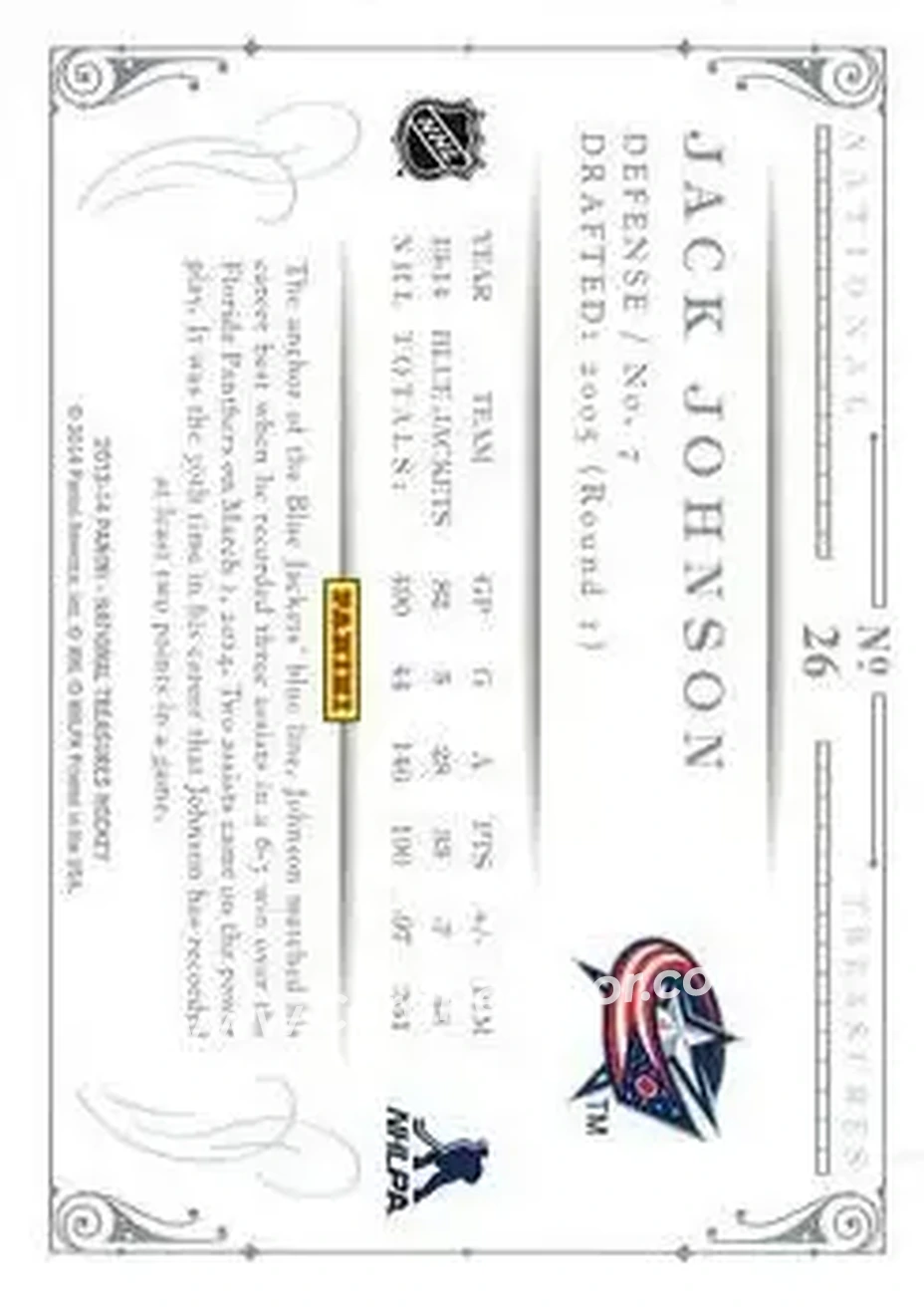 2013-14 Panini National Treasures #26 - Jack Johnson - Columbus Blue Jackets - Back