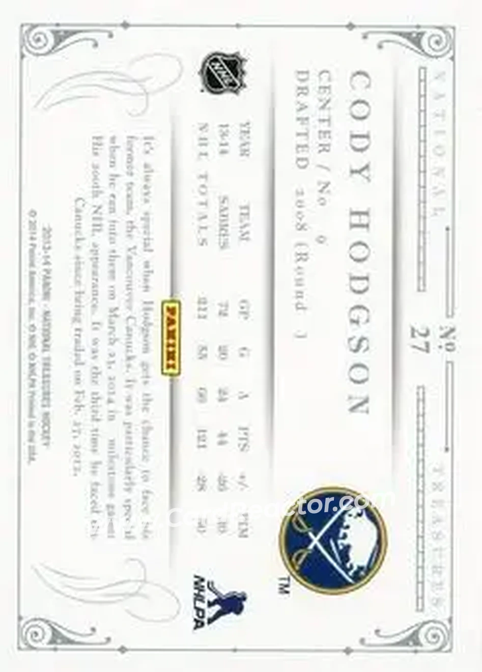 2013-14 Panini National Treasures #27 - Cody Hodgson - Buffalo Sabres - Back