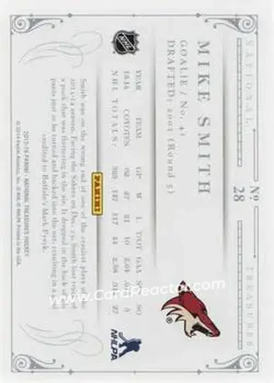 2013-14 Panini National Treasures #28 - Mike Smith - Phoenix Coyotes - Back 2013-14 Panini National Treasures #28 - Mike Smith - Phoenix Coyotes - Back