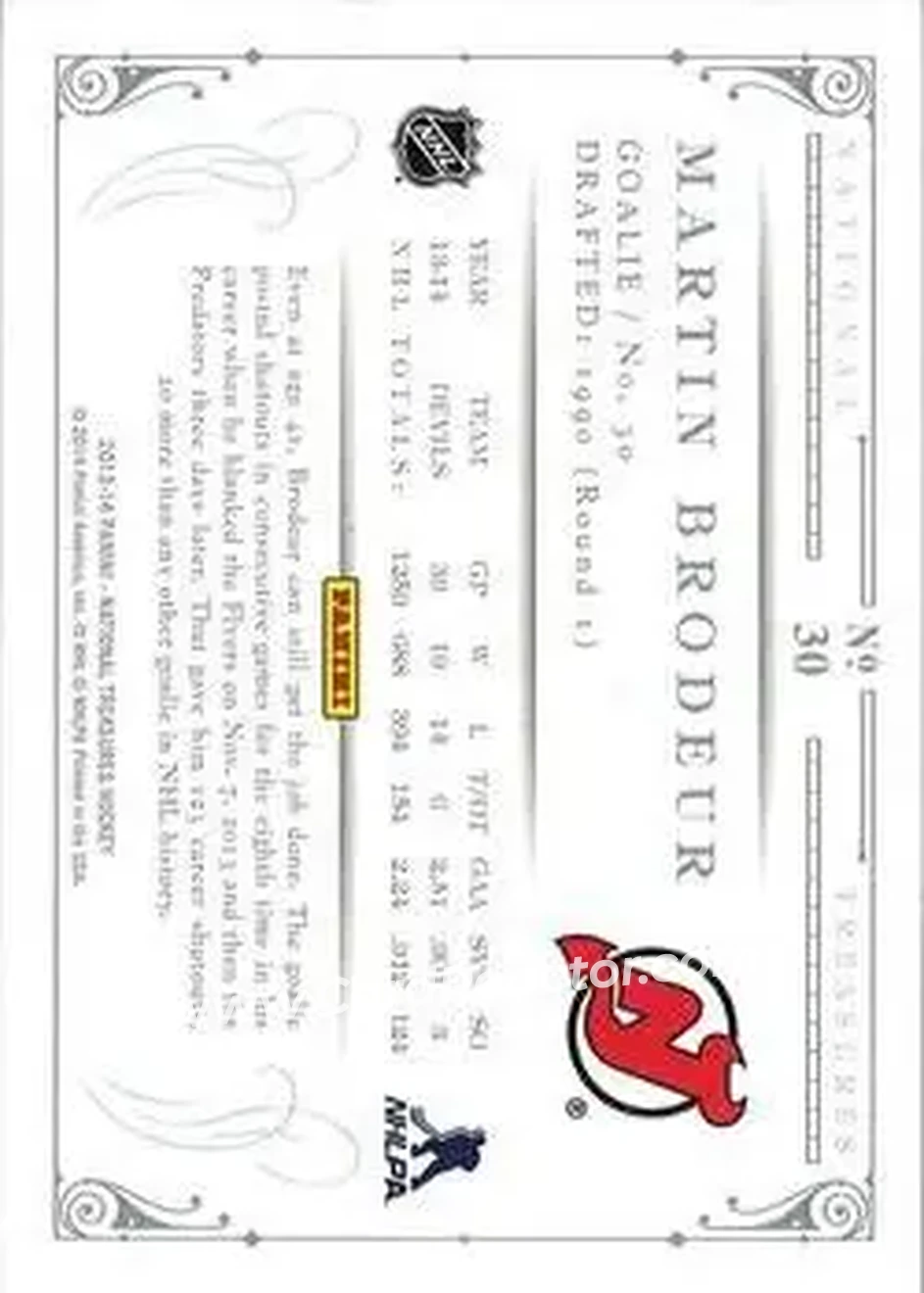 2013-14 Panini National Treasures #30 - Martin Brodeur - New Jersey Devils - Back 2013-14 Panini National Treasures #30 - Martin Brodeur - New Jersey Devils - Back