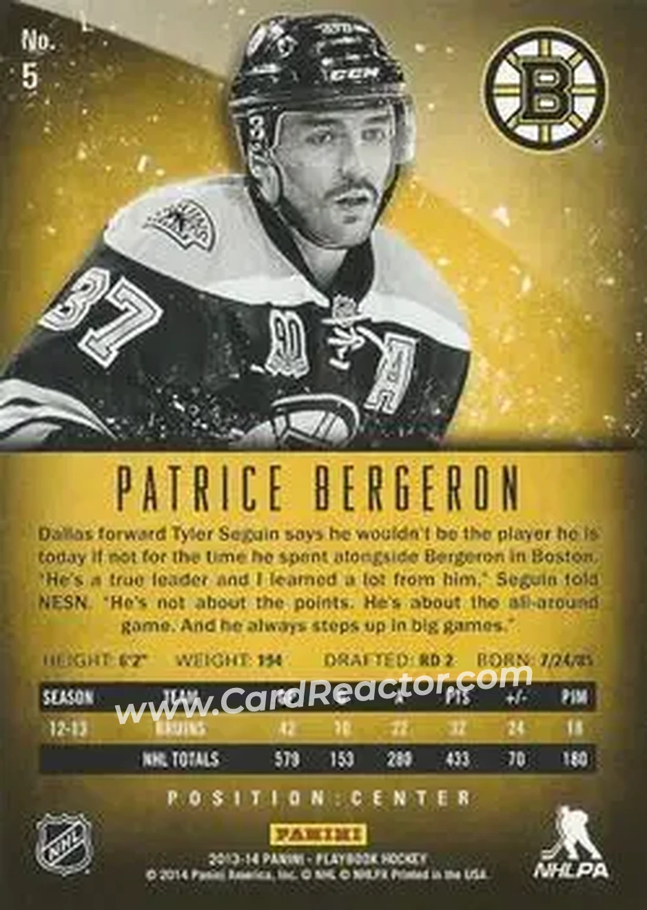 2013-14 Panini Playbook #5 - Patrice Bergeron - Boston Bruins - Back