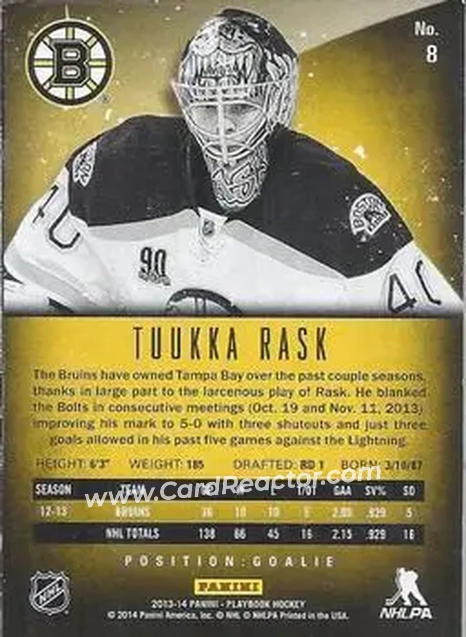 2013-14 Panini Playbook #8 - Tuukka Rask - Boston Bruins - Back
