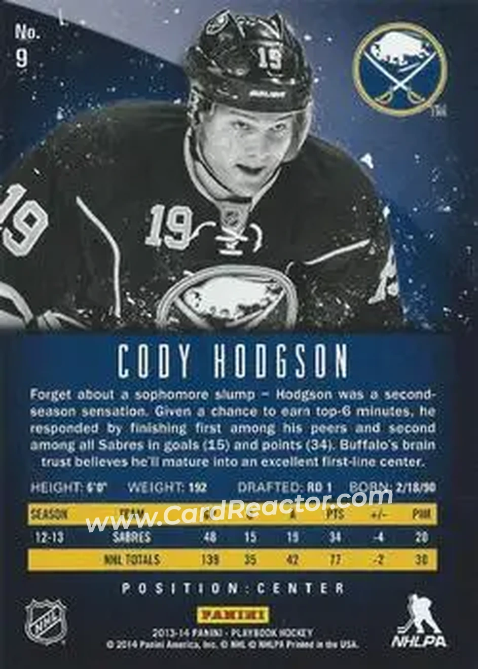 2013-14 Panini Playbook #9 - Cody Hodgson - Buffalo Sabres - Back