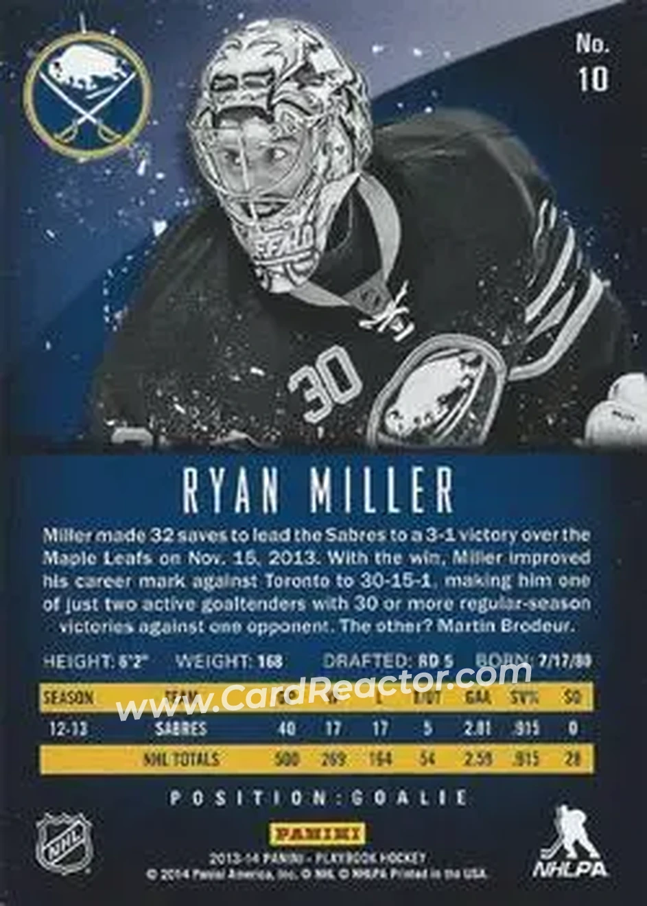 2013-14 Panini Playbook #10 - Ryan Miller - Buffalo Sabres - Back