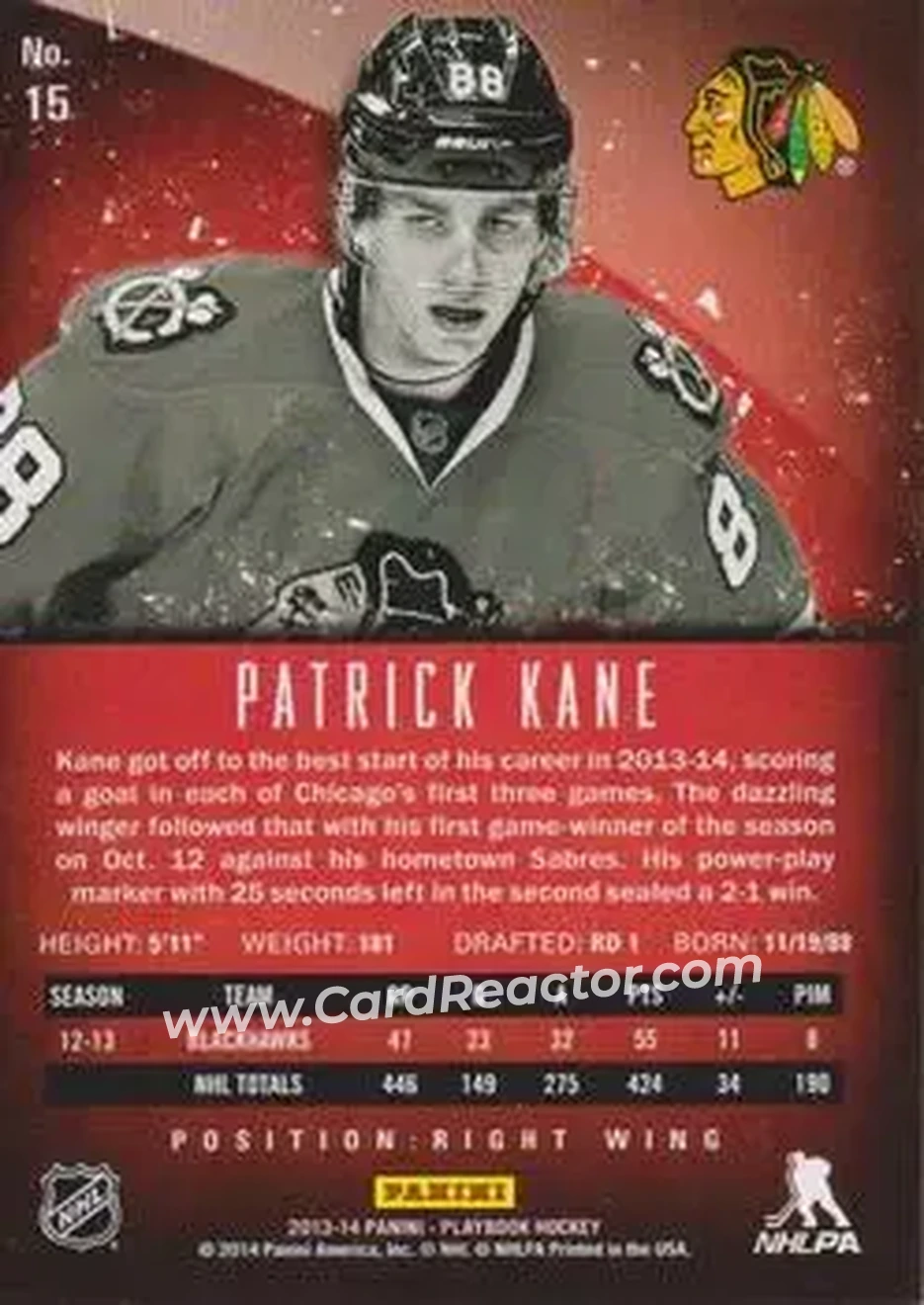 2013-14 Panini Playbook #15 - Patrick Kane - Chicago Blackhawks - Back 2013-14 Panini Playbook #15 - Patrick Kane - Chicago Blackhawks - Back