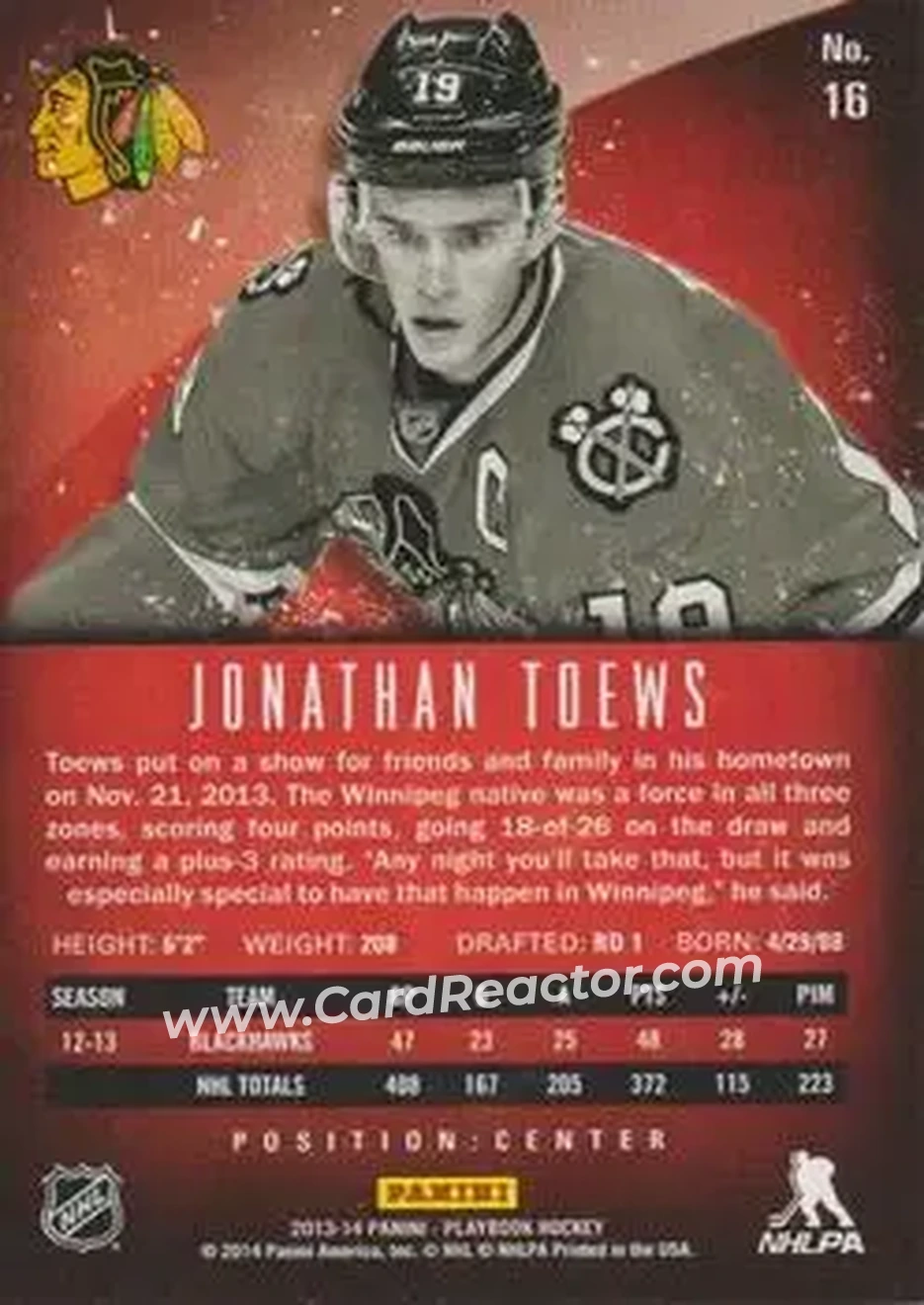 2013-14 Panini Playbook #16 - Jonathan Toews - Chicago Blackhawks - Back