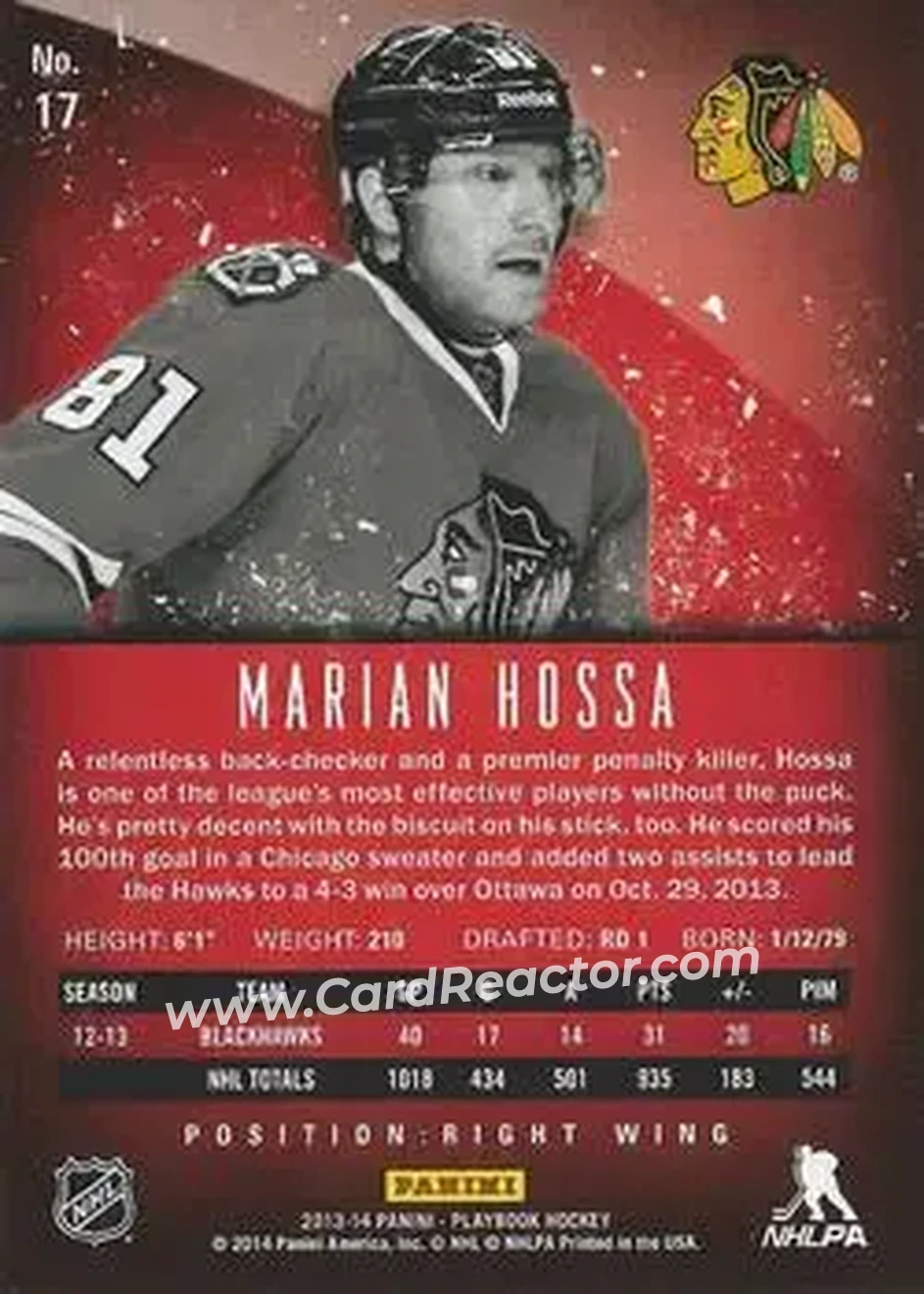 2013-14 Panini Playbook #17 - Marian Hossa - Chicago Blackhawks - Back 2013-14 Panini Playbook #17 - Marian Hossa - Chicago Blackhawks - Back