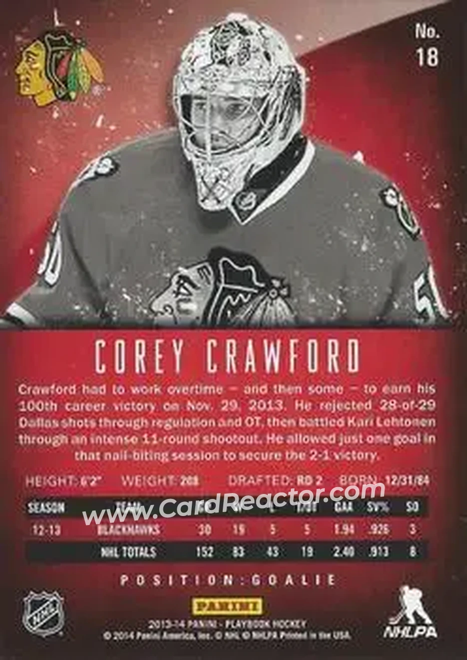 2013-14 Panini Playbook #18 - Corey Crawford - Chicago Blackhawks - Back