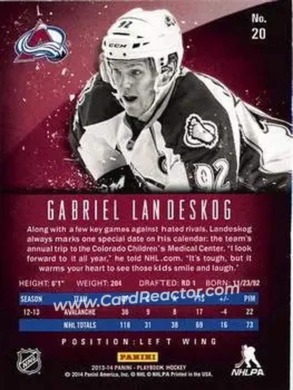 2013-14 Panini Playbook #20 - Gabriel Landeskog - Colorado Avalanche - Back 2013-14 Panini Playbook #20 - Gabriel Landeskog - Colorado Avalanche - Back