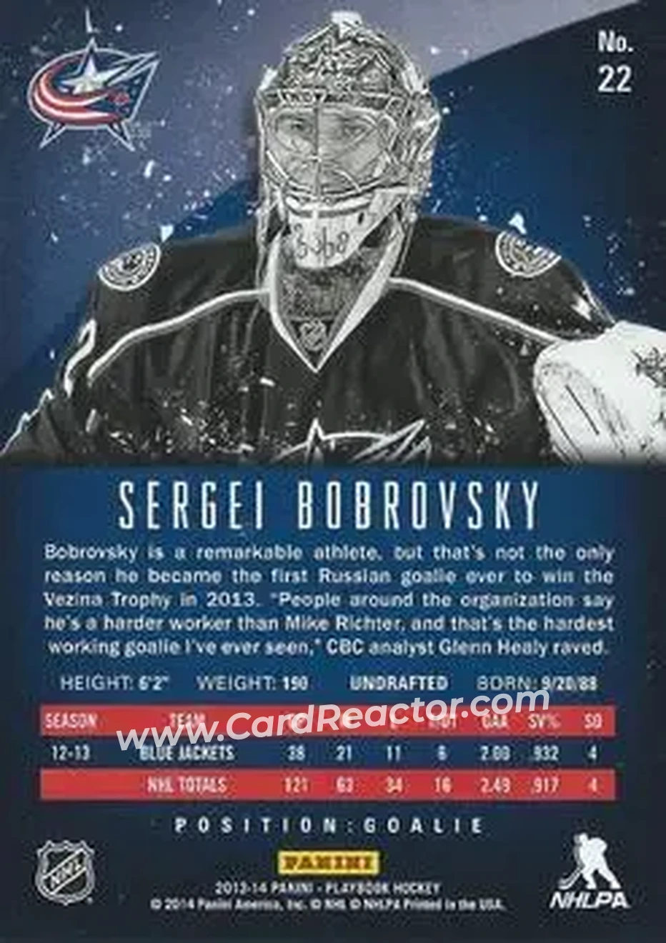 2013-14 Panini Playbook #22 - Sergei Bobrovsky - Columbus Blue Jackets - Back