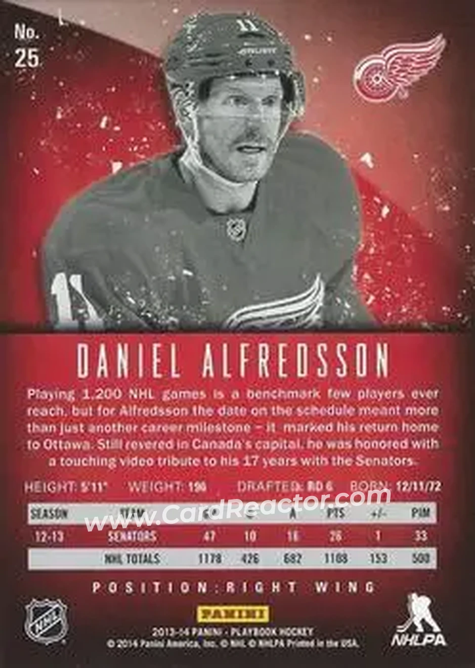 2013-14 Panini Playbook #25 - Daniel Alfredsson - Detroit Red Wings - Back