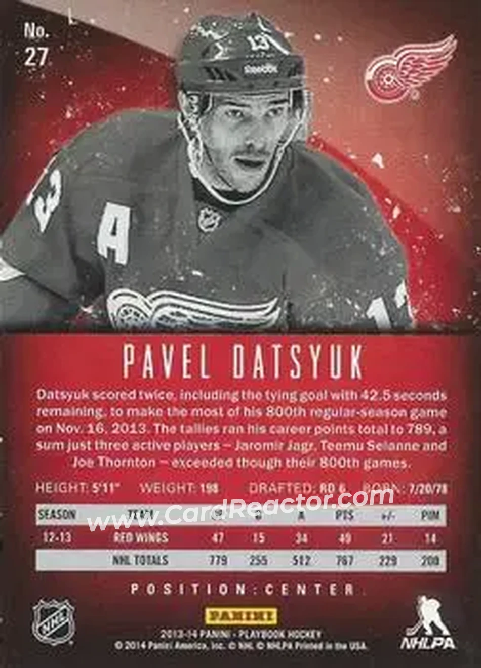2013-14 Panini Playbook #27 - Pavel Datsyuk - Detroit Red Wings - Back 2013-14 Panini Playbook #27 - Pavel Datsyuk - Detroit Red Wings - Back