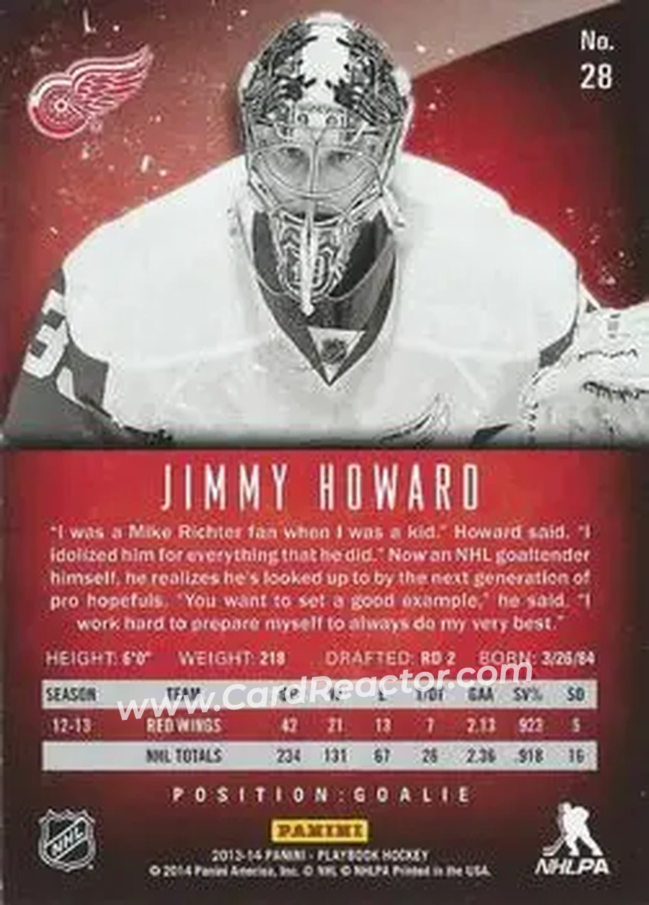 2013-14 Panini Playbook #28 - Jimmy Howard - Detroit Red Wings - Back 2013-14 Panini Playbook #28 - Jimmy Howard - Detroit Red Wings - Back