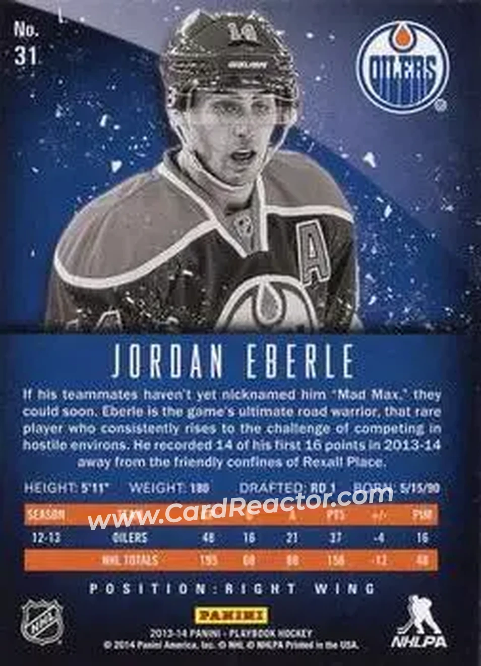 2013-14 Panini Playbook #31 - Jordan Eberle - Edmonton Oilers - Back