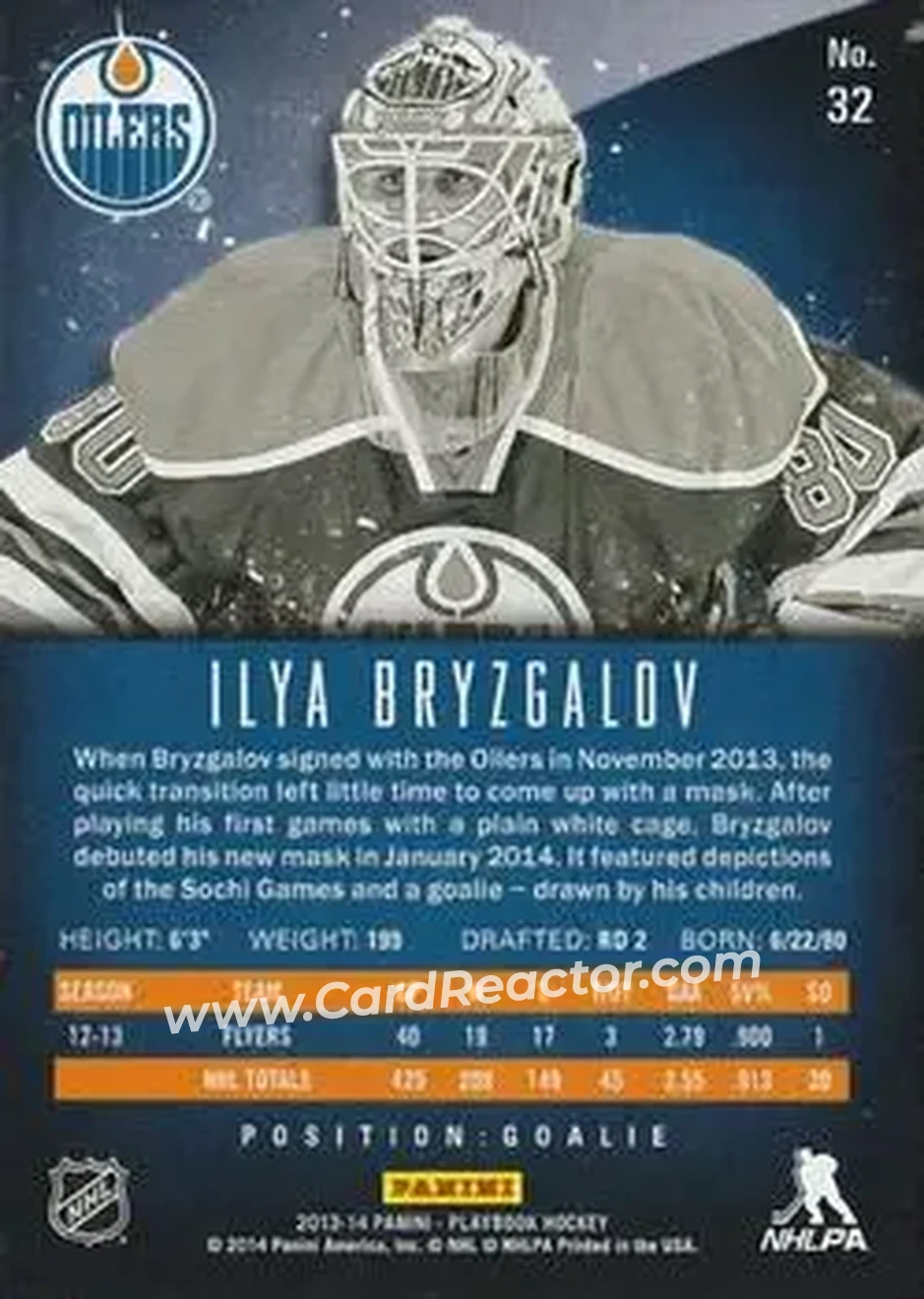 2013-14 Panini Playbook #32 - Ilya Bryzgalov - Edmonton Oilers - Back