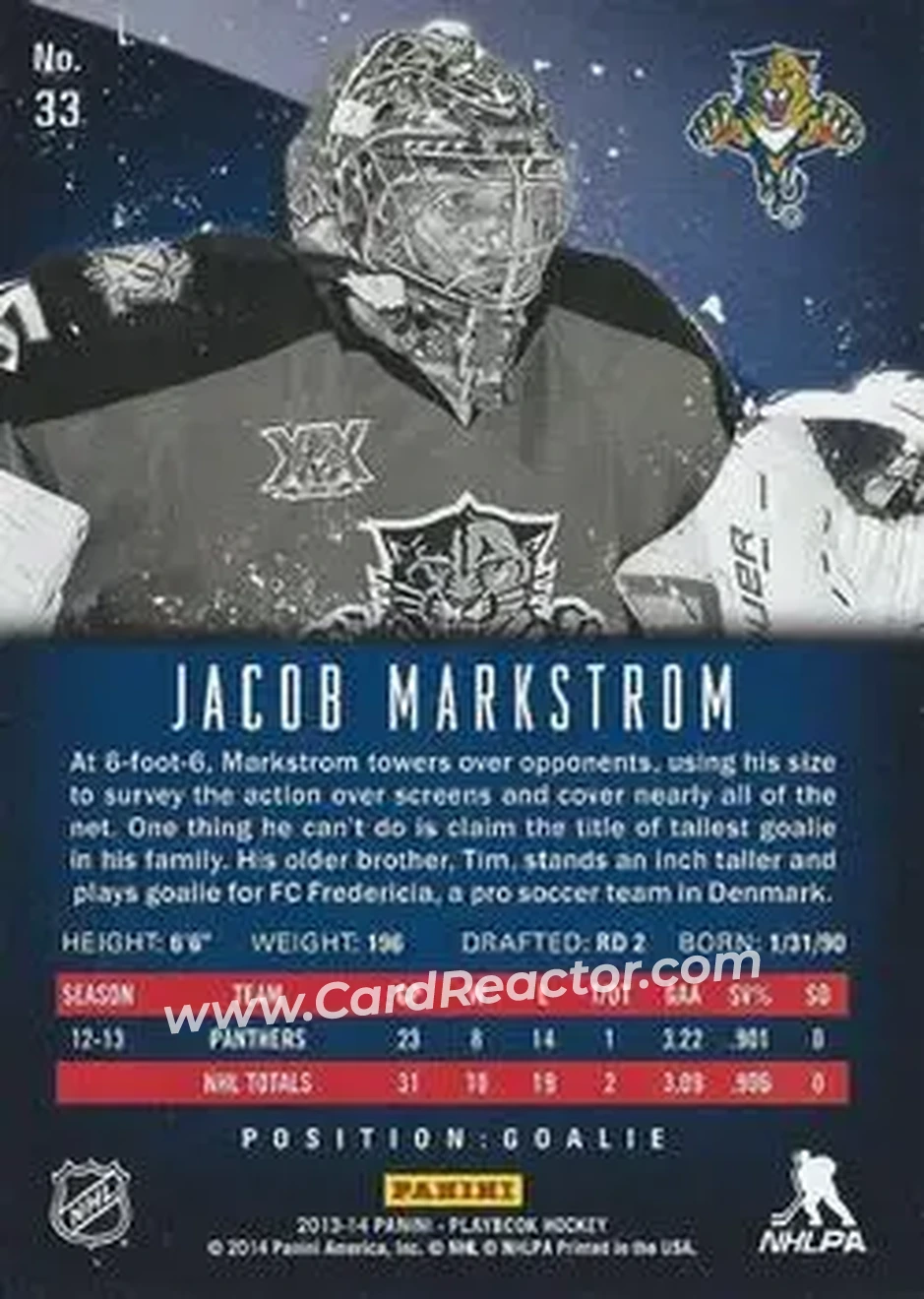 2013-14 Panini Playbook #33 - Jacob Markstrom - Florida Panthers - Back