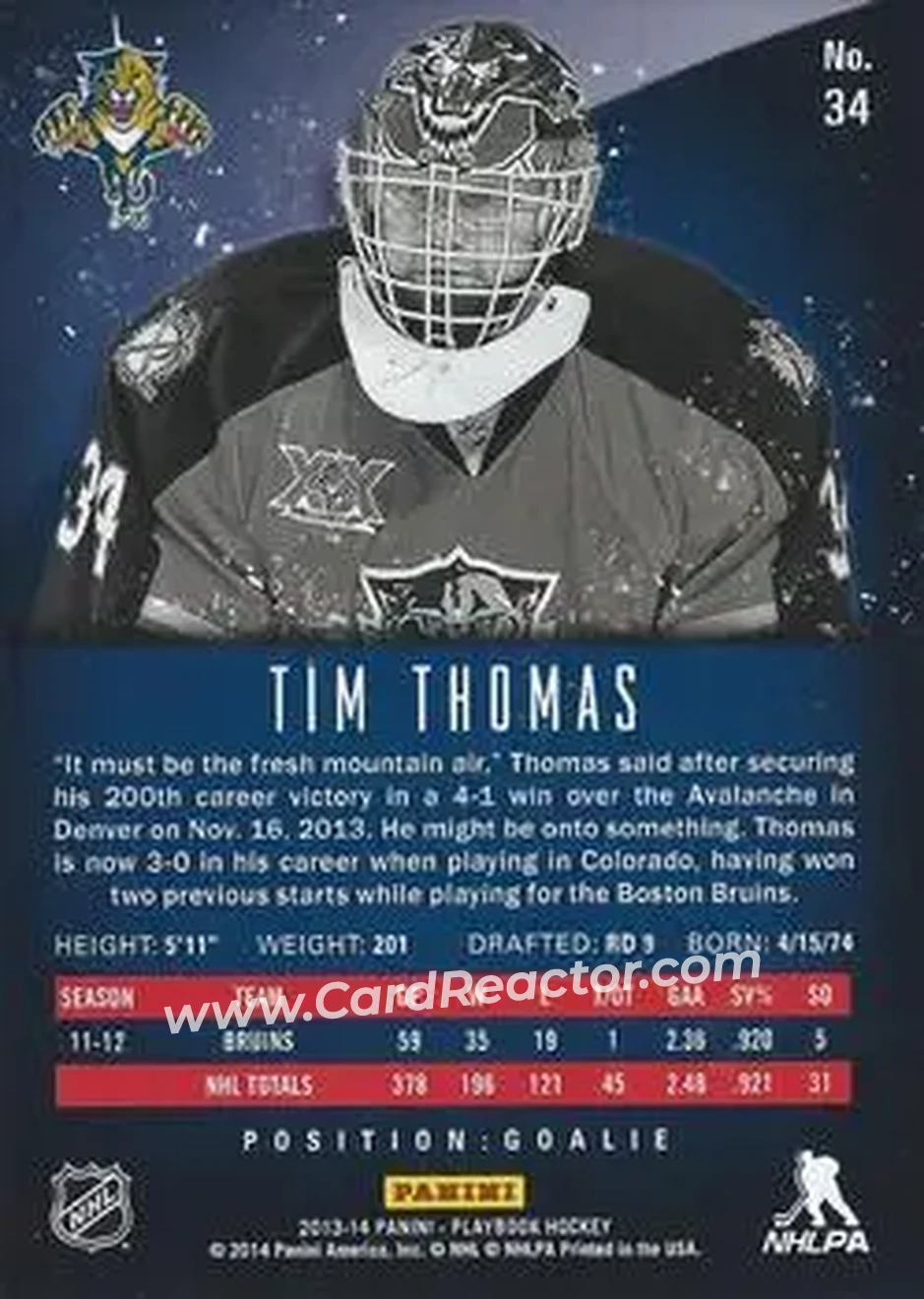 2013-14 Panini Playbook #34 - Tim Thomas - Florida Panthers - Back