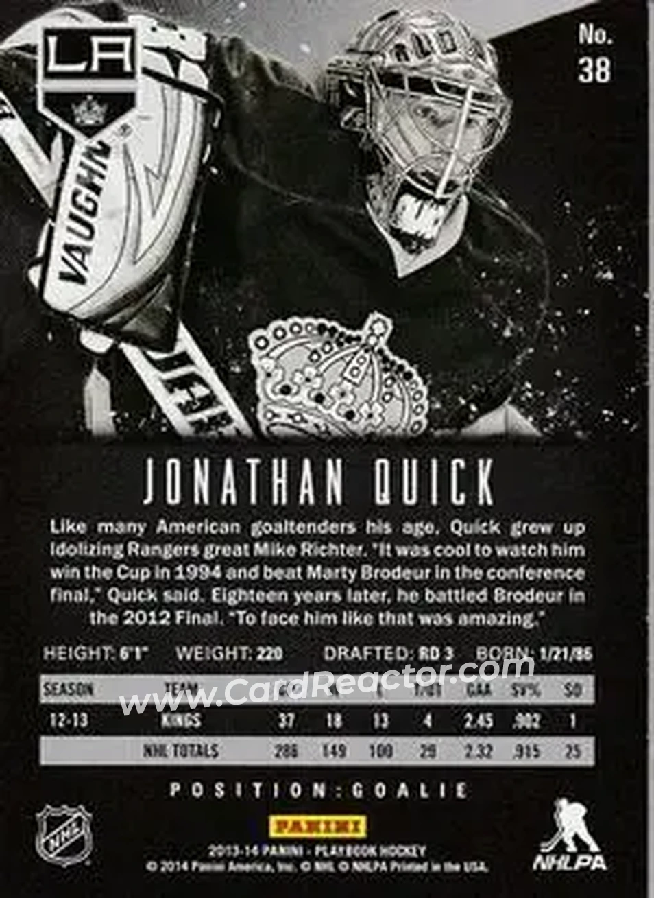 2013-14 Panini Playbook #38 - Jonathan Quick - Los Angeles Kings - Back