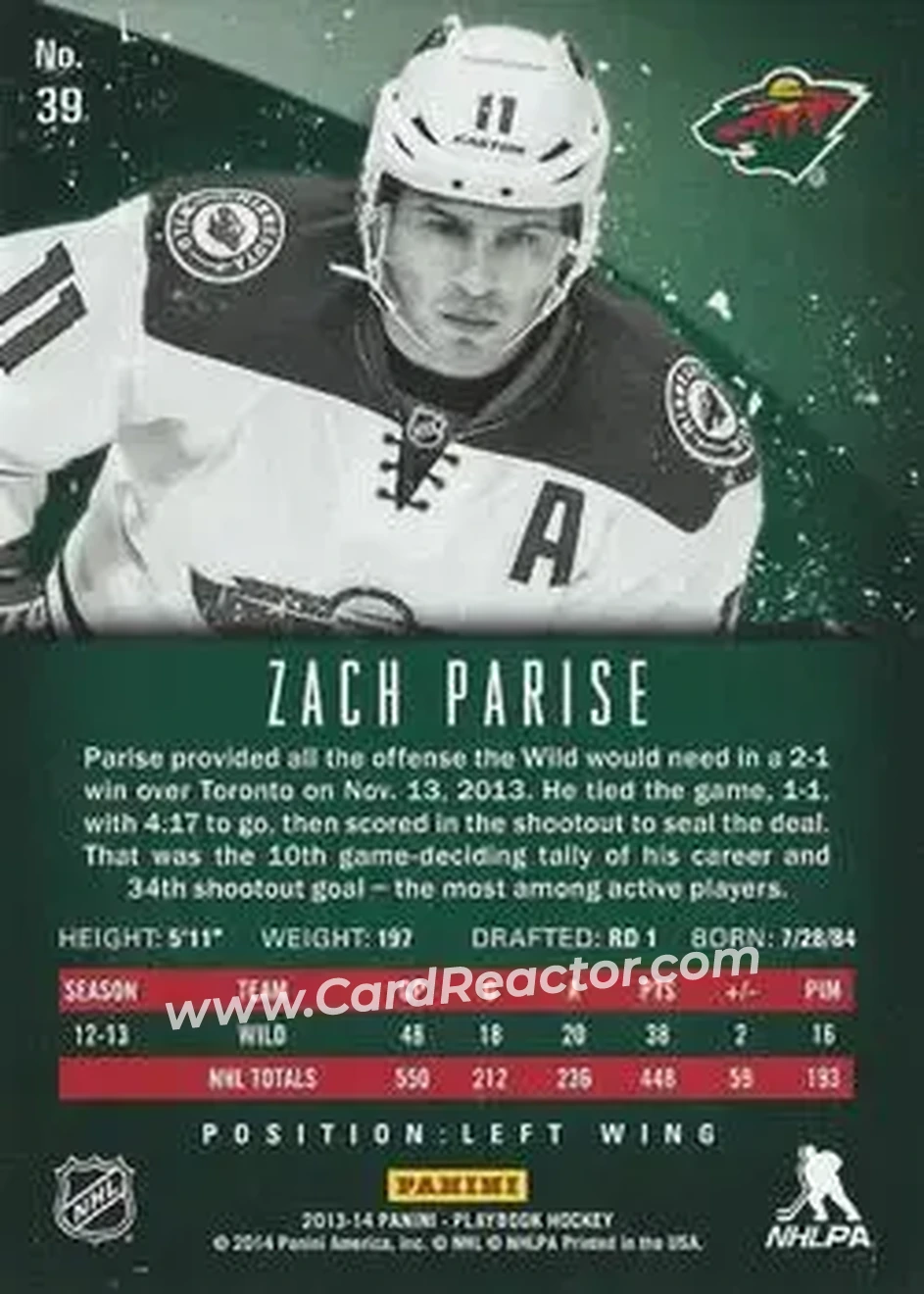 2013-14 Panini Playbook #39 - Zach Parise - Minnesota Wild - Back
