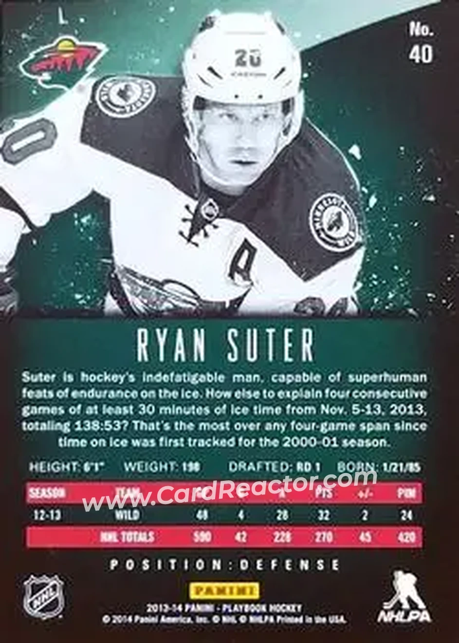 2013-14 Panini Playbook #40 - Ryan Suter - Minnesota Wild - Back