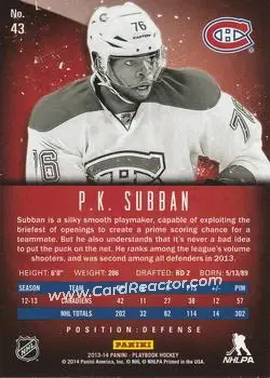 2013-14 Panini Playbook #43 - P.K. Subban - Montreal Canadiens - Back