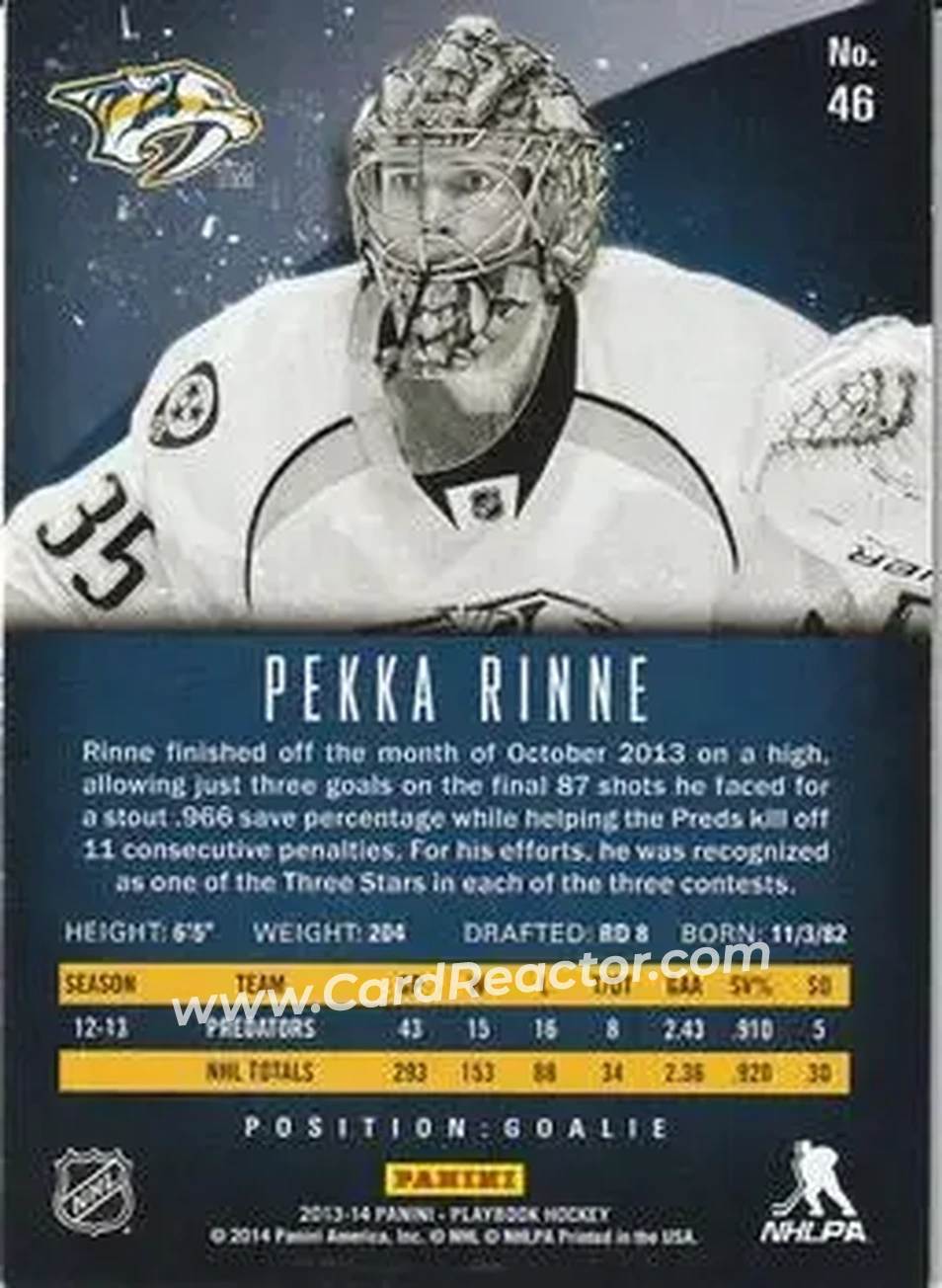 2013-14 Panini Playbook #46 - Pekka Rinne - Nashville Predators - Back