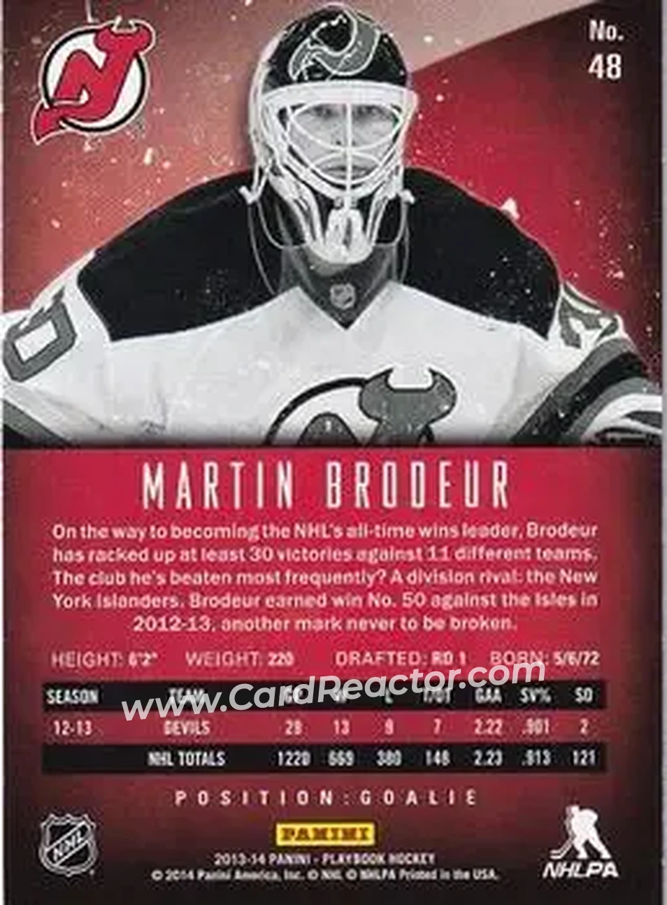2013-14 Panini Playbook #48 - Martin Brodeur - New Jersey Devils - Back