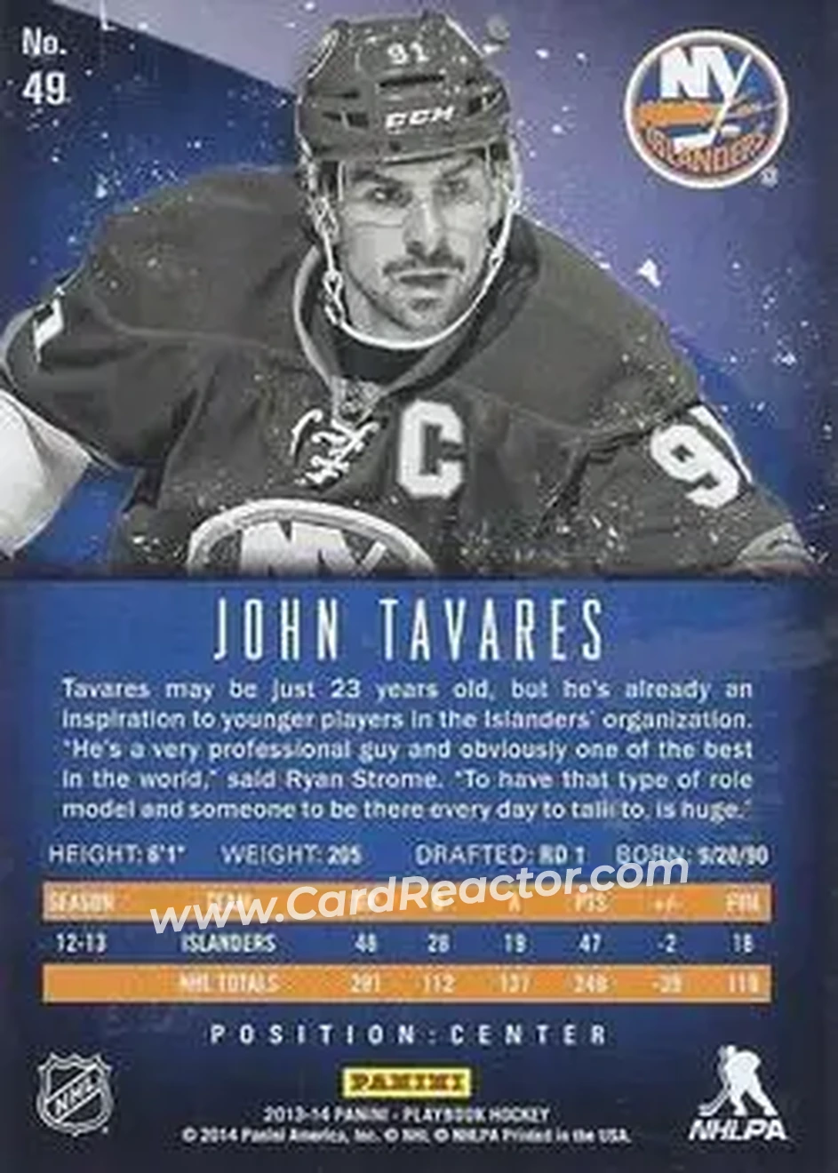 2013-14 Panini Playbook #49 - John Tavares - New York Islanders - Back