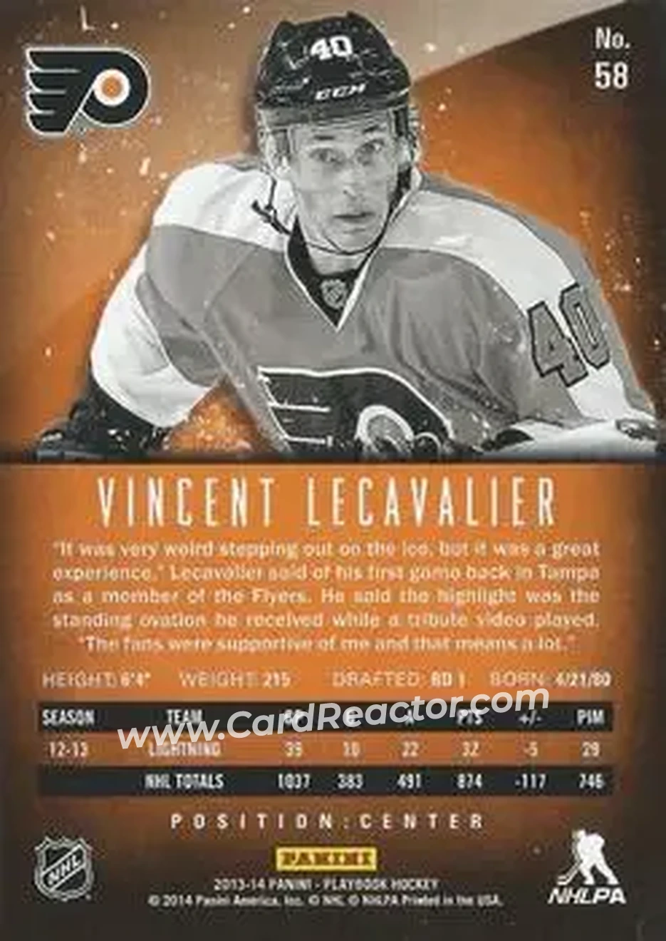 2013-14 Panini Playbook #58 - Vincent Lecavalier - Philadelphia Flyers - Back 2013-14 Panini Playbook #58 - Vincent Lecavalier - Philadelphia Flyers - Back