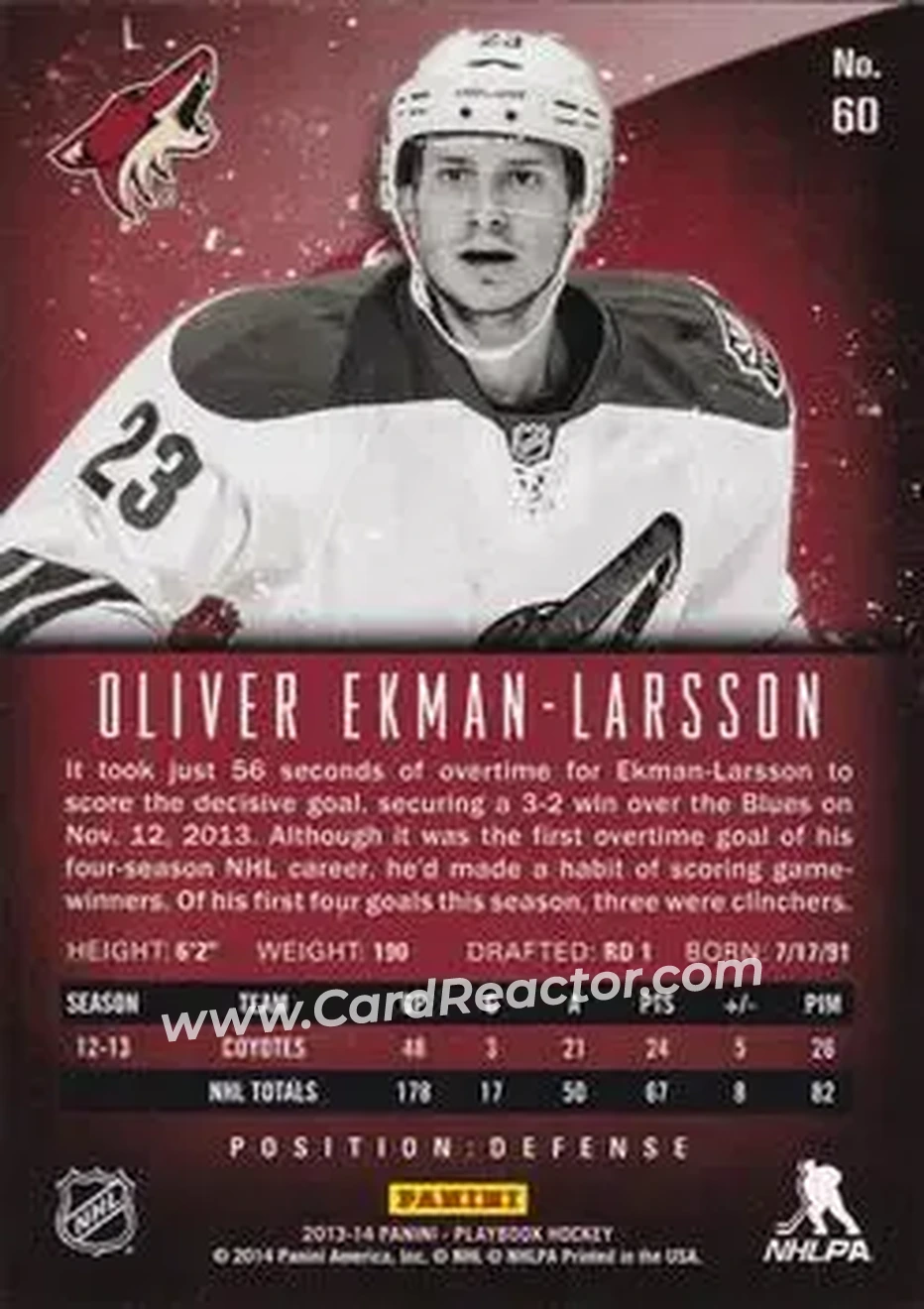 2013-14 Panini Playbook #60 - Oliver Ekman-Larsson - Phoenix Coyotes - Back