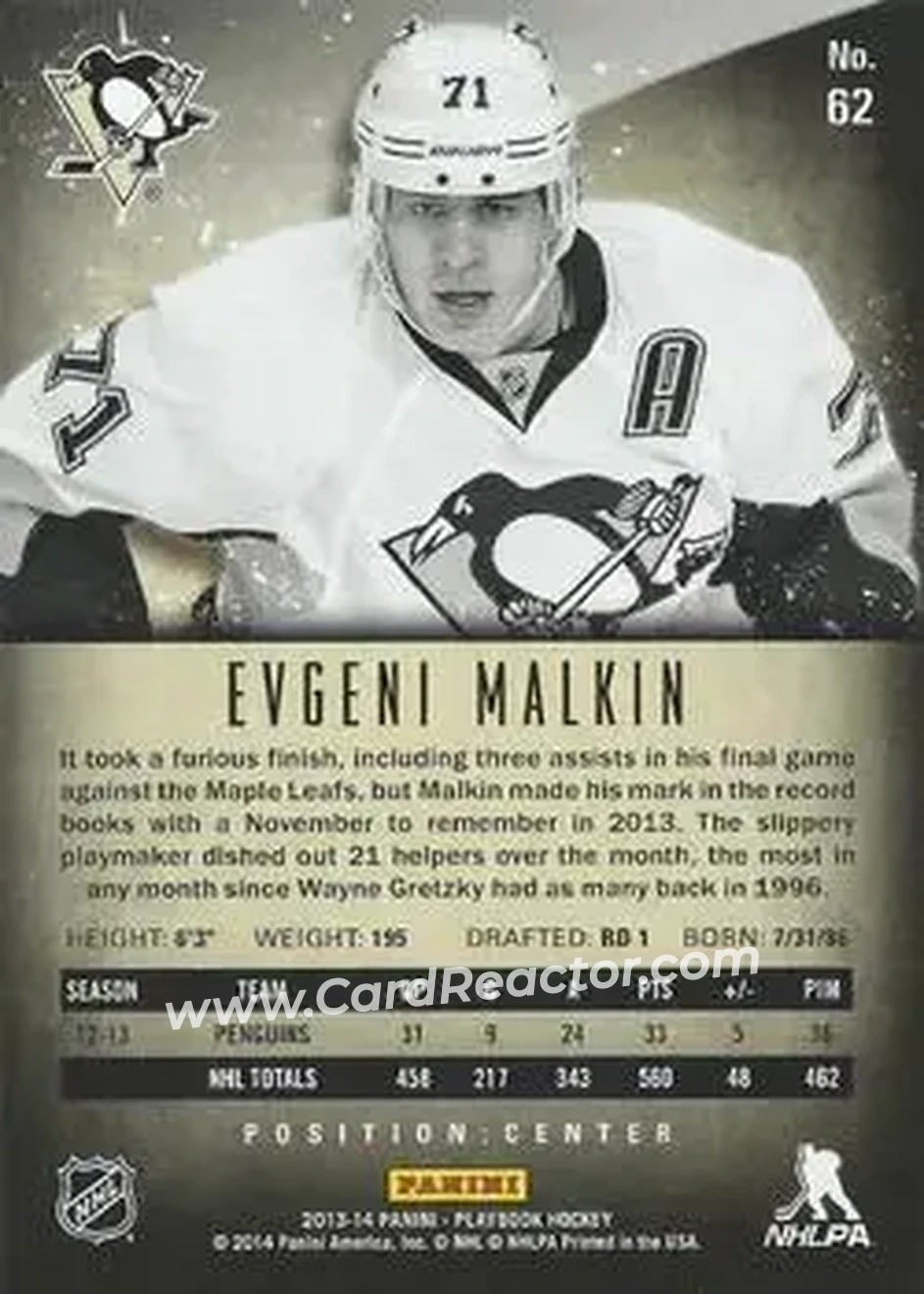 2013-14 Panini Playbook #62 - Evgeni Malkin - Pittsburgh Penguins - Back 2013-14 Panini Playbook #62 - Evgeni Malkin - Pittsburgh Penguins - Back