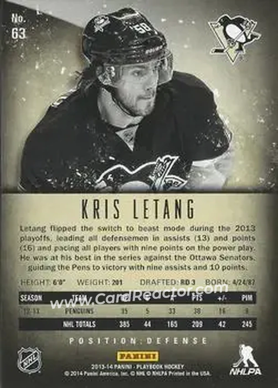2013-14 Panini Playbook #63 - Kris Letang - Pittsburgh Penguins - Back