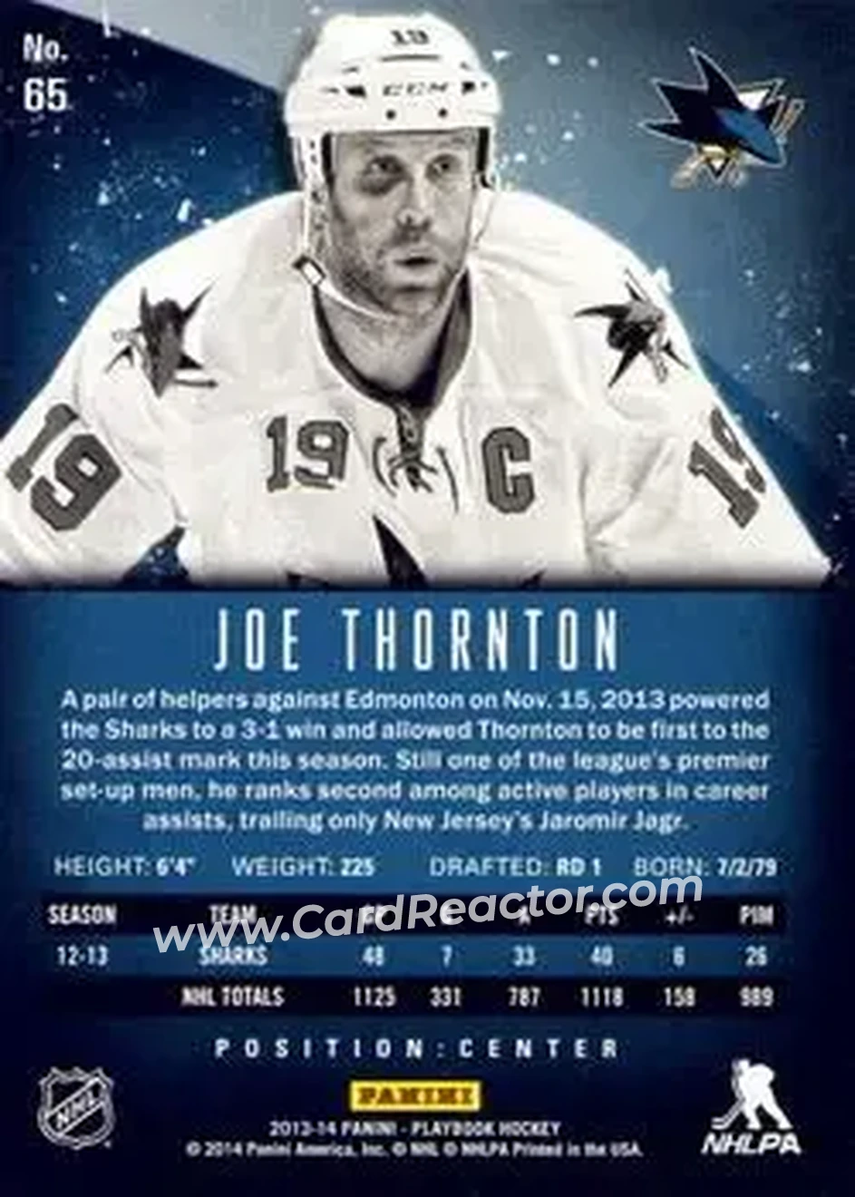2013-14 Panini Playbook #65 - Joe Thornton - San Jose Sharks - Back