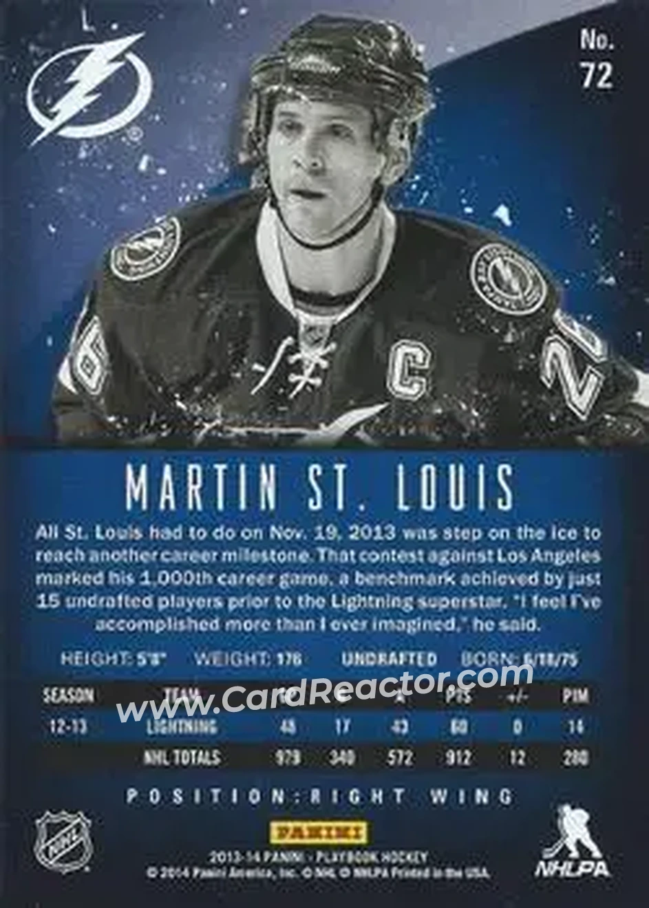 2013-14 Panini Playbook #72 - Martin St. Louis - Tampa Bay Lightning - Back 2013-14 Panini Playbook #72 - Martin St. Louis - Tampa Bay Lightning - Back