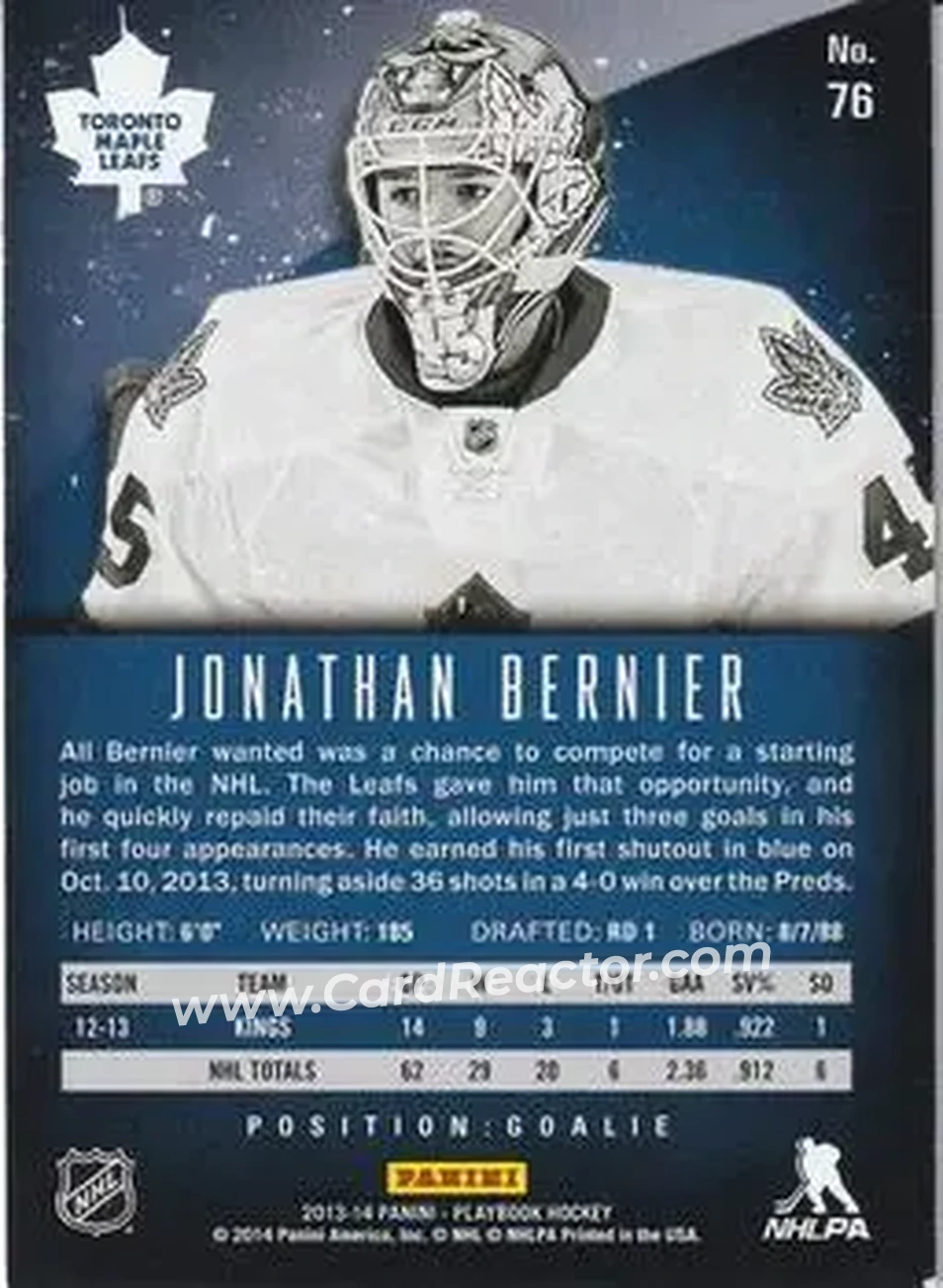 2013-14 Panini Playbook #76 - Jonathan Bernier - Toronto Maple Leafs - Back 2013-14 Panini Playbook #76 - Jonathan Bernier - Toronto Maple Leafs - Back