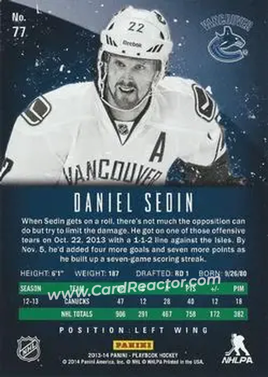 2013-14 Panini Playbook #77 - Daniel Sedin - Vancouver Canucks - Back 2013-14 Panini Playbook #77 - Daniel Sedin - Vancouver Canucks - Back