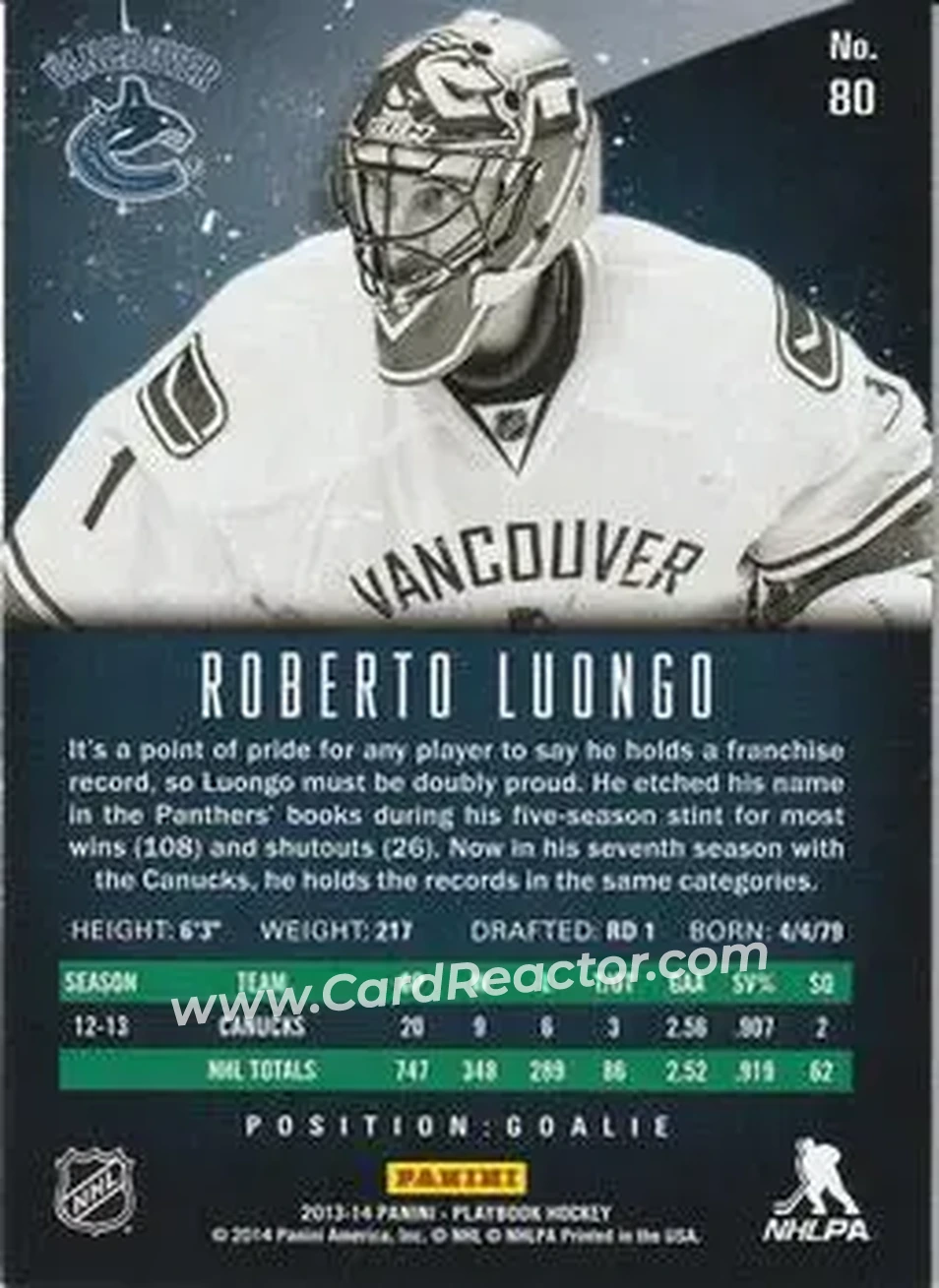 2013-14 Panini Playbook #80 - Roberto Luongo - Vancouver Canucks - Back 2013-14 Panini Playbook #80 - Roberto Luongo - Vancouver Canucks - Back