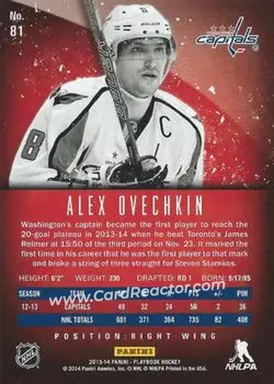 2013-14 Panini Playbook #81 - Alex Ovechkin - Washington Capitals - Back