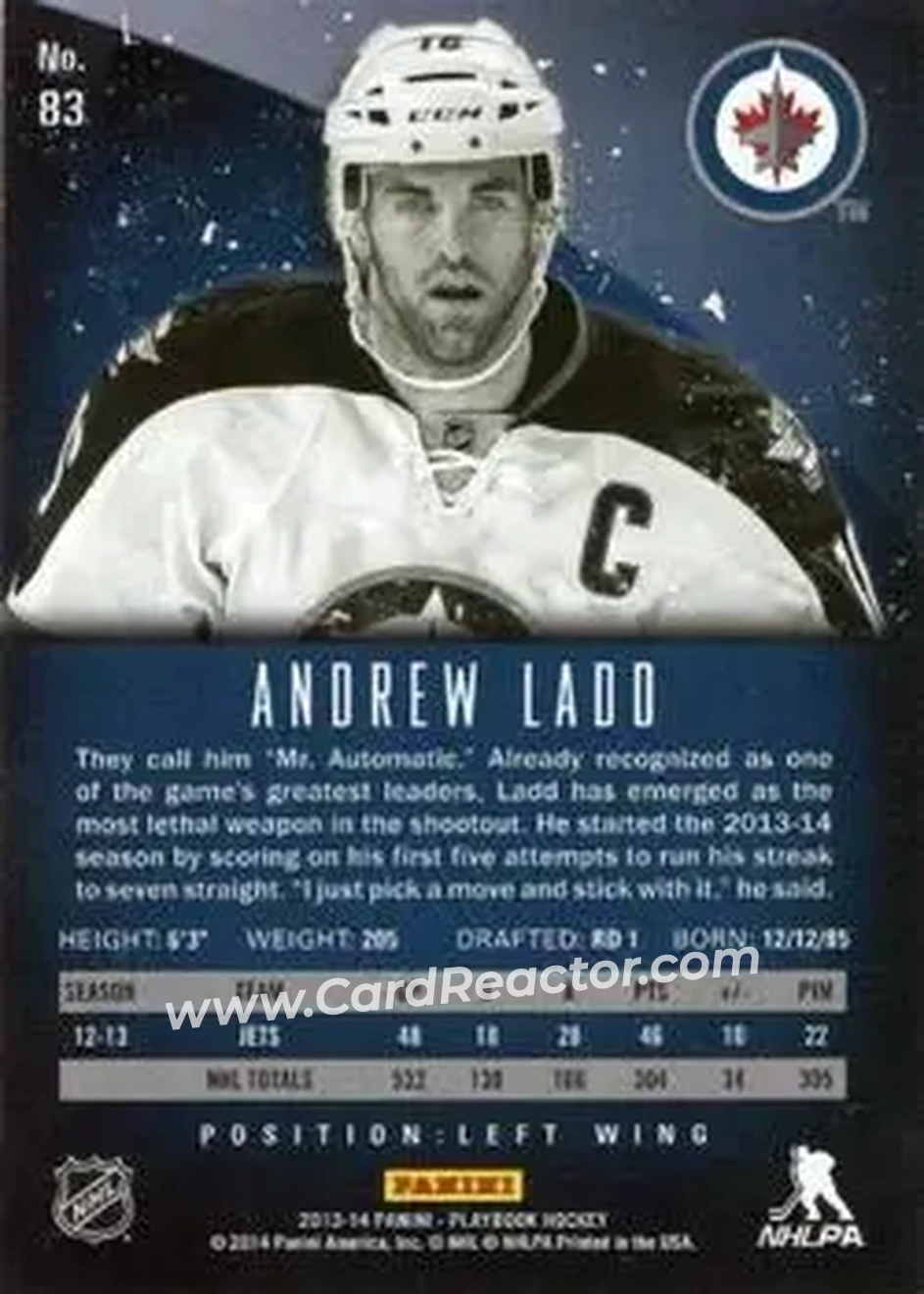 2013-14 Panini Playbook #83 - Andrew Ladd - Winnipeg Jets - Back